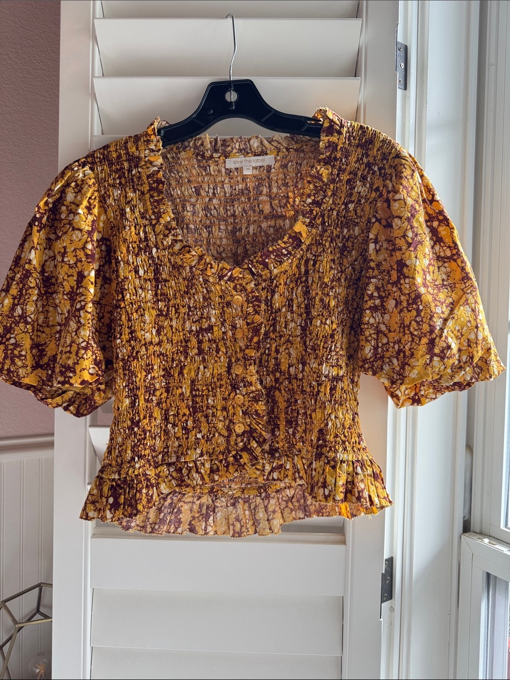 Smocked Puff-Sleeve Floral Top in Mustard